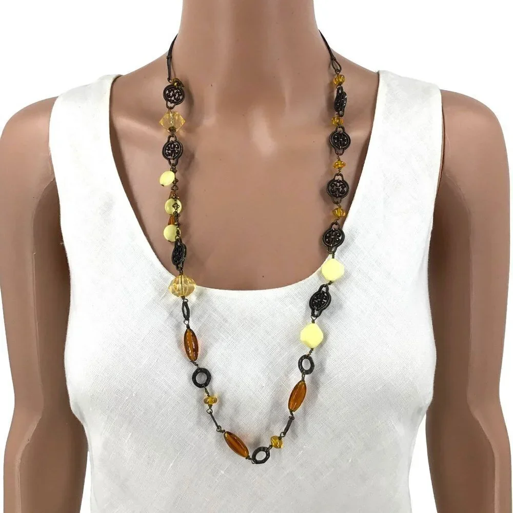 Coldwater Creek Necklace Antique Gold Tone Cream Golden Beads 32 Inch Length